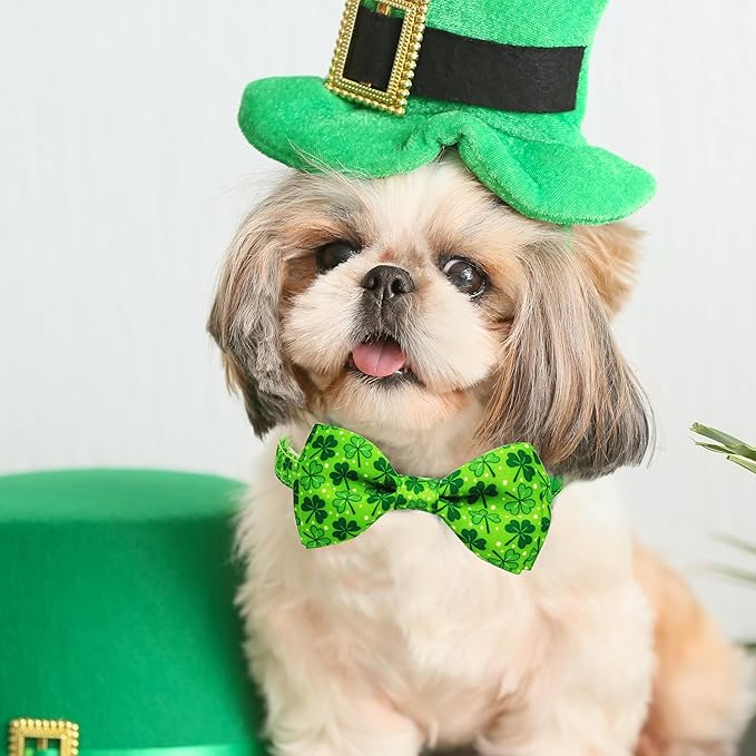 St. Patrick's Day Dog Collar with Bow Tie Set, Green Shamrock Clover Pattern Pet Collar, Adjustable Lucky Irish Holiday Neckwear for Small, Medium, and Large Dogs