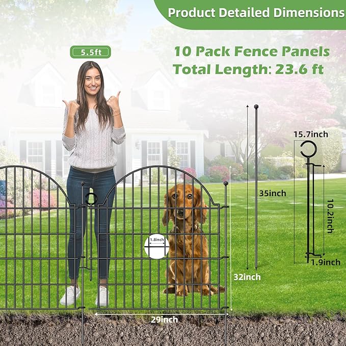 10 Panels No Dig Decorative Garden Fence, 32in (H) x 23.6ft (L) Outdoor Animal Barrier Fencing with Ground Stakes, Temporary Rustproof Metal Wire Panel Border for Rabbit,Dog