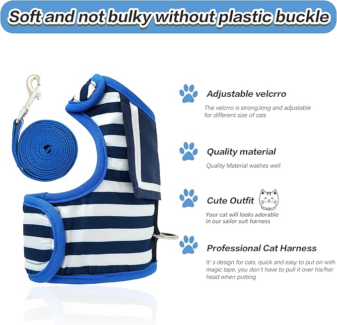 Cat Harness and Leash for Walking Escape Proof, Adjustable Cat Vest Harness, Padded Stylish Cat Walking Jackets, Sailor Suit Navy, X-Small
