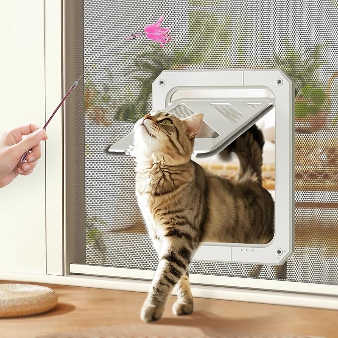 LIBBEPET Cat Door for Screen Door, Lockable Cat Screen Door for Cats & Small Dogs Up to 20 lbs, Magnetic Flap Opening 7 x 9 inches, Equipped with Interactive Cat Toy & Installation Tools, White