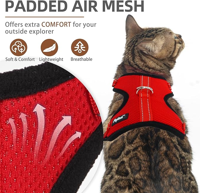 PUPTECK Cat Harness and Leash Set Escape Proof, Reflective Adjustable Soft Mesh Kitten Vest Harness for Walking Travel, Red, M