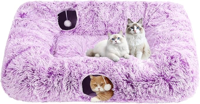 Extra Large Cat Tunnel Bed, 4 Ways Tunnels for Indoor Cats, Multi-cat Family Pet Bed & Cave, Plush Cat Donut with Washable Middle Mat, Exit Balls, Pet Play Toy for Kitten Puppy Rabbit, Purple