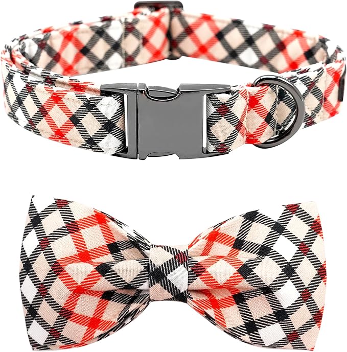 Dog Collar, Bow Dog Collar Beige Plaid Pet Collar Cute Pet Bow Soft Girl or Boy Puppy Collars with Metal Buckle Adjustable Collars for Small Dogs