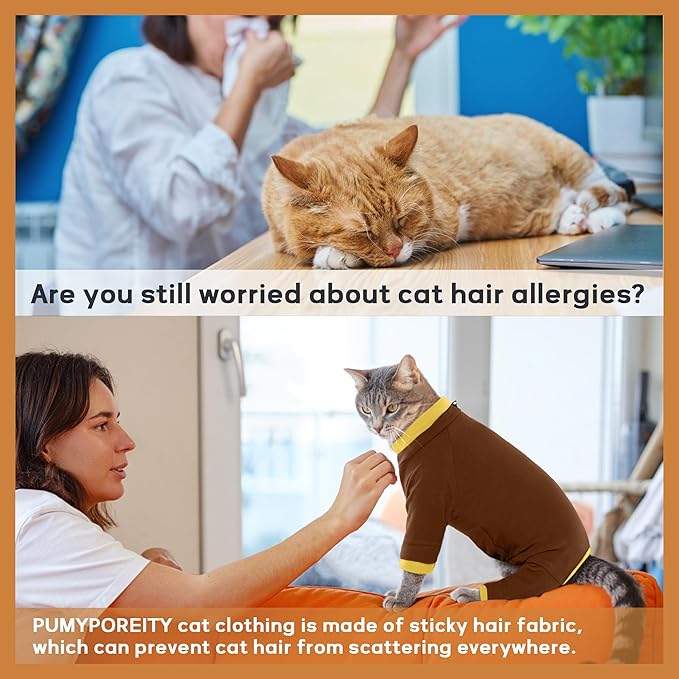 PUMYPOREITY Cat Recovery Suit, Stops Wound Licking After Surgery, Sticky Hair Shirt with Sticky Fabric, Cat Pajamas Prevents Over-Grooming, Brown, XS