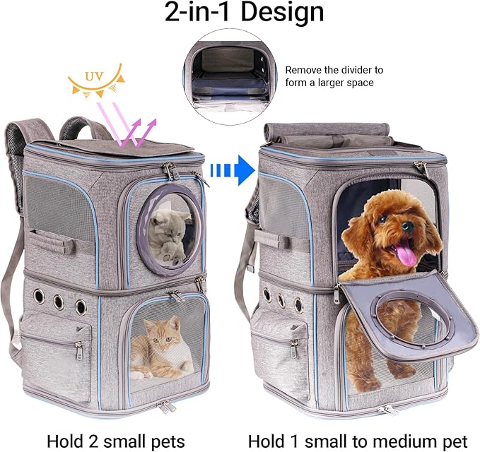 2-in-1 Pet Carrier Backpack for Two Cats or One Dog, Double-Layer 2 Compartment Carry Bag to Transport Small Animals Traveling and Hiking, Space Capsule Clear Bubble Dome