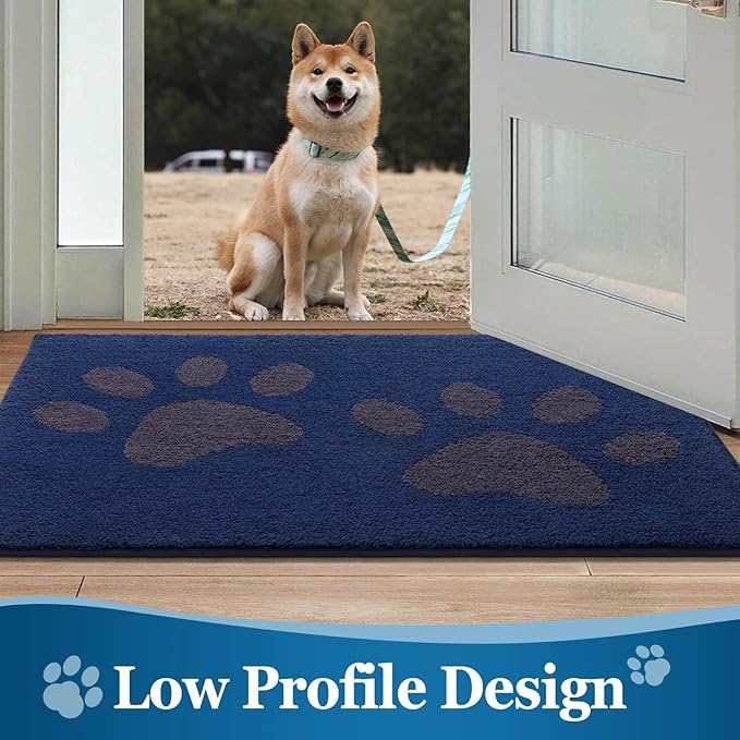 Buganda Dog Door Mat for Muddy Paws, Absorbent Dirt Trapper Washable Indoor Doormats, Non Slip Low-Profile Mud Mat for Dogs, Front Entrance Doormat for Inside Floor (36x24 Inches, Navy)
