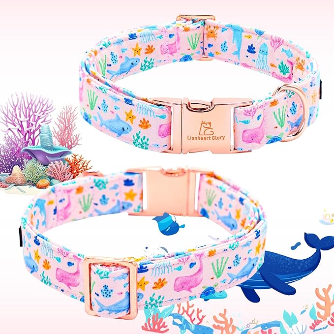 Lionheart glory Dog Bow Collar Sea Animals Print Pink Dog Collar for X-Large Dogs,Female Male Dog Collars with Bowtie Spring Summer Collars Soft Adjustable Pet Collar Bows