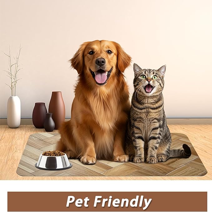 Vintage Wooden Dog Cat Food Mat,Boho Absorbent Pet Feeding Mat for Food and Water,Non-Slip Dog Bowl Mats Floor Protector 12"x20"
