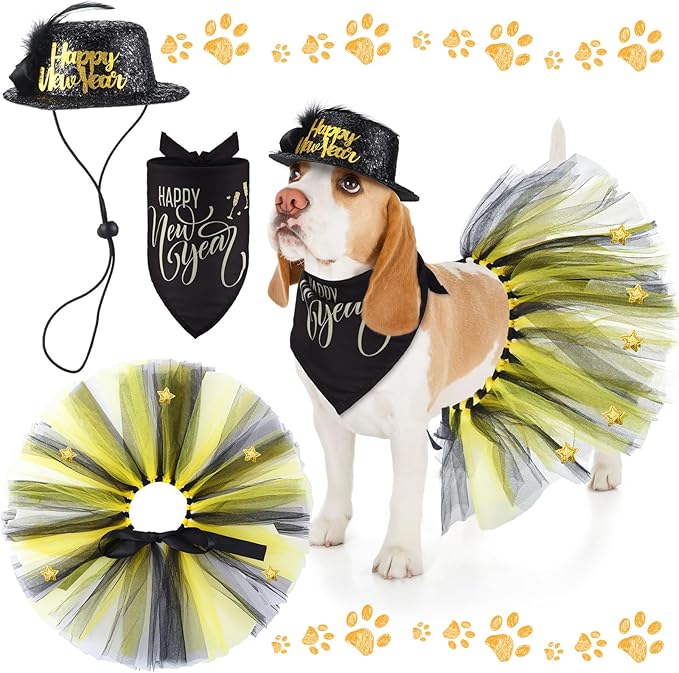 Suhine 3 Pcs Pet Happy New Year Costume Dog New Years Outfit Accessories Includes Puppy Dogs Tutu Dress Pet Hat and Dog Triangle Bandana for Medium Large Pets Costume Supplies