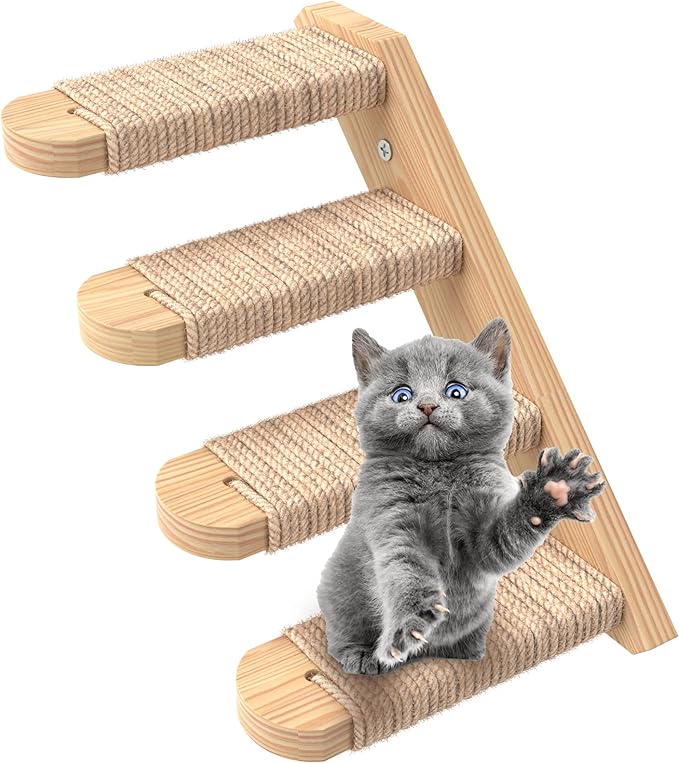 Skywin Cat Wall Steps - Solid Rubber Wood Cat Stairs Great for Scratching and Climbing - Easy to Install Wall Mounted Shelves for Playful Cats (Wood, Right-Left)