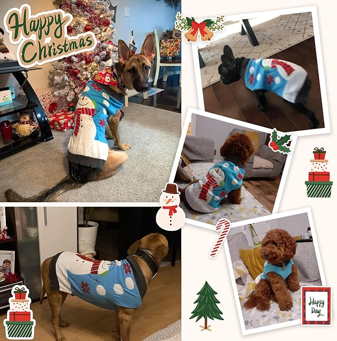 Pet Christmas Dog Sweaters Cute Animal Snowman Printed Puppy Xmas Costumes Winter Warm Turtleneck Jumpers Puppy Knitted Clothes Cat Outfits (XXL, Blue Snowman)