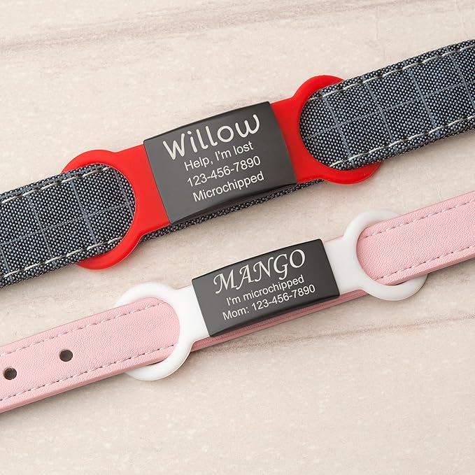 Anavia Slide On Silent Pet ID Tags, S/M/L/XL Personalized Black Stainless Steel Colored Silicone Cat Dog Name Tag, Customized Engraved Nameplate, Quiet Chew-Proof Pet Collar Tag (Pink, X-Large)