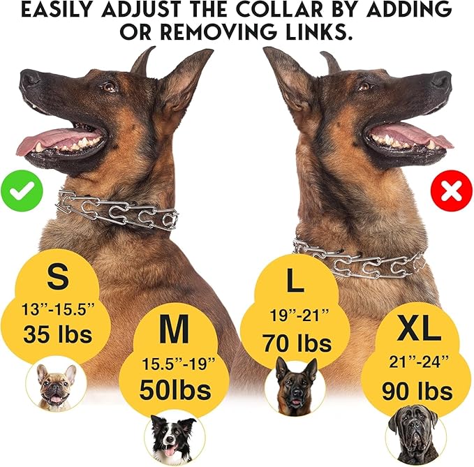PetJett Prong Collar for Dogs Training Collar Adjustable Choke Collar for Dog Quick Release Pinch Collar for Dog for Small Medium Large Dogs No Pull Walking Tool - Stainless Steel Metal Choker Chain