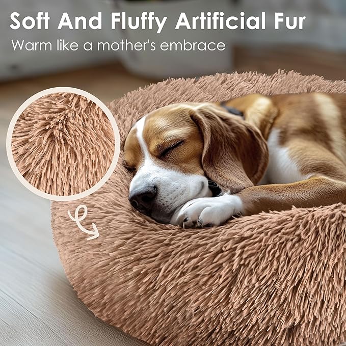 28in Large Dog Bed, Medium Size Dog and Cats, Calming Donut Bed for Puppy and Kitten, Washable Round Fluffy Pet Bed (Camel)