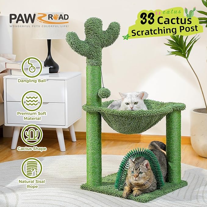 PAWZ Road Cactus Cat Tree, 33 Inchs Cat Tower with Cat Self Groomer, Soft Hammock and Fully Wrapped Sisal Scratching Post for Indoor Cats