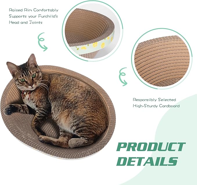 Oval Cat Cardboard Scratcher with Lounger Bed, High-Density Kitty Cat Scratching Pad for Indoor Cats Grinding Claws, Ergonomic Curved Furniture Couch Cat Scratch Protector, 17.3" × 13.6" × 4.5"