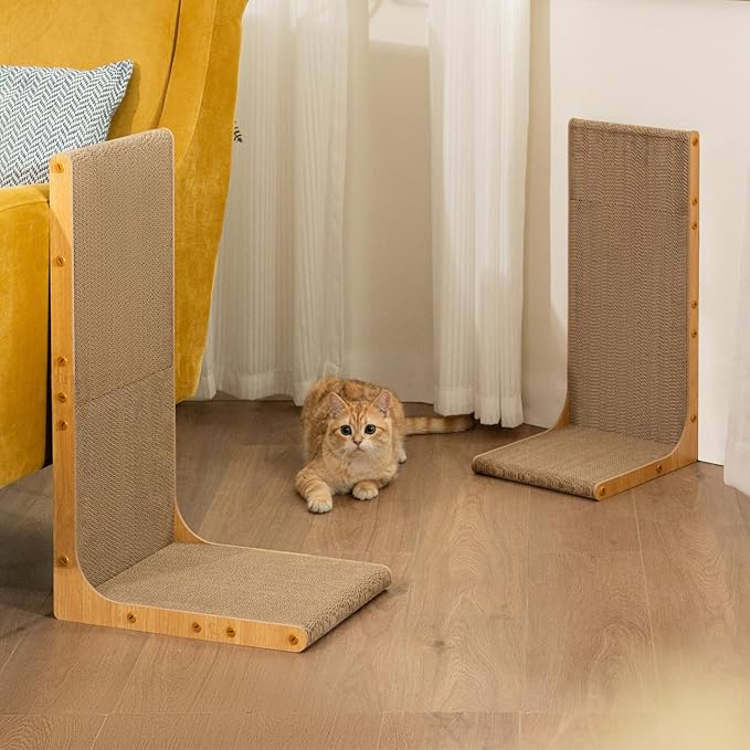 Cardboard Cat Scratcher,26 Inch L Shape Scratch Pad Wall Mounted,Vertical Scratching Board, Durable Cardboard to Protect Furniture for Indoor Cats,Wood Grain Junbo