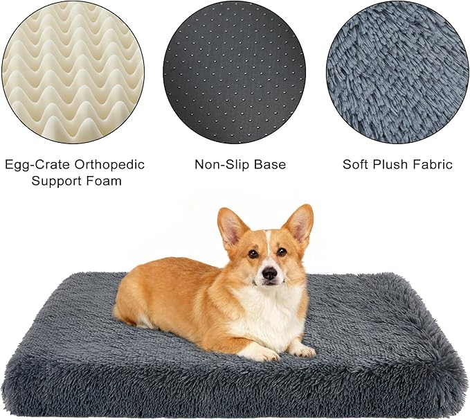 Fluffy Orthopedic Dog Beds for Medium Dogs with Washable Removable Cover Dog Crate Bed Egg Crate Foam Support Plush Pet Pad Mat with Anti-Slip Bottom (36 * 24,Dark Grey)