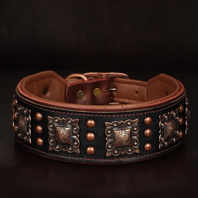 PET ARTIST Soft Padded Leather Dog Collar, 2 inch Wide Genuine Leather Dog Collars with Stylish Studded Rivet & Metal Buckle, Luxury & Adjustable Pet Collars for Medium Dogs,Black,Neck 16-19"