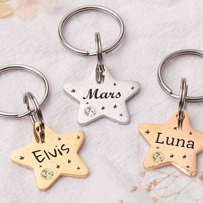 Anavia Small Size Dog Cat ID Tags, Small/XS Personalized Color Plated Stainless Steel Puppy Kitten Name Tags, Customized Engraved Nameplate Pet Collar Tag (Purple, Star)