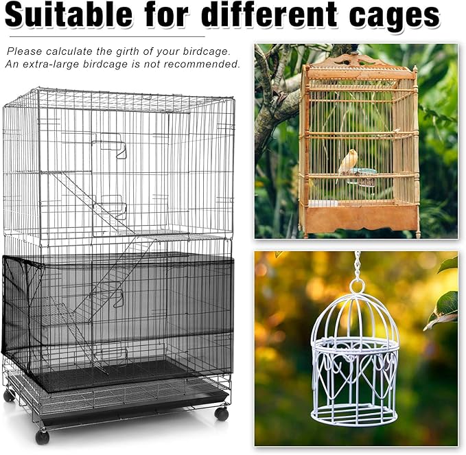 Shappy 2 Pieces Adjustable Bird Cage Seed Catcher Birdcage Cover Nylon Mesh Netting Soft Skirt Guard for Parrot Parakeet Macaw Round Square Cage(78 x 14.6 Inch in Circumference and Width,White, Black)