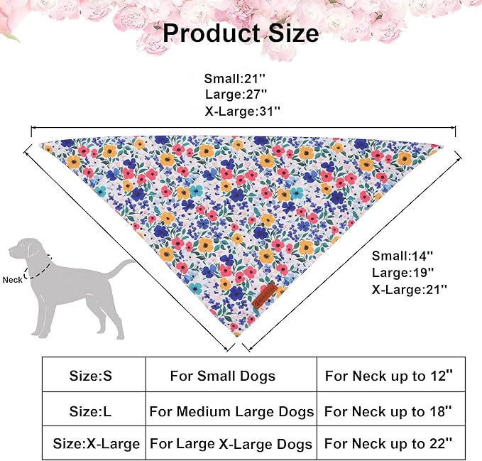 ADOGGYGO Floral Dog Bandanas 2 Pack, Reversible Cute Flower Scarf, Premium Fabric, Adjustable Fit Pink Blue Floral Bandanas for Medium Large Dogs (Large)