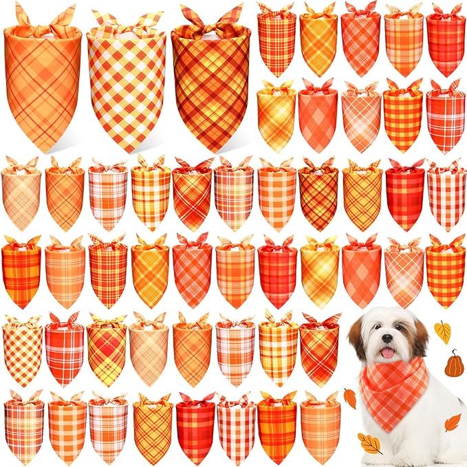 Abbylike 50 Pcs Orange Plaid Dog Bandanas Bulk Check Pattern Bandanas for Dogs Triangle Kerchief Bib Scarf Set for Pet Party Costume Photo Props Accessories Pet Shops, 25 Styles(19.7 x 13.8 x 13.8)