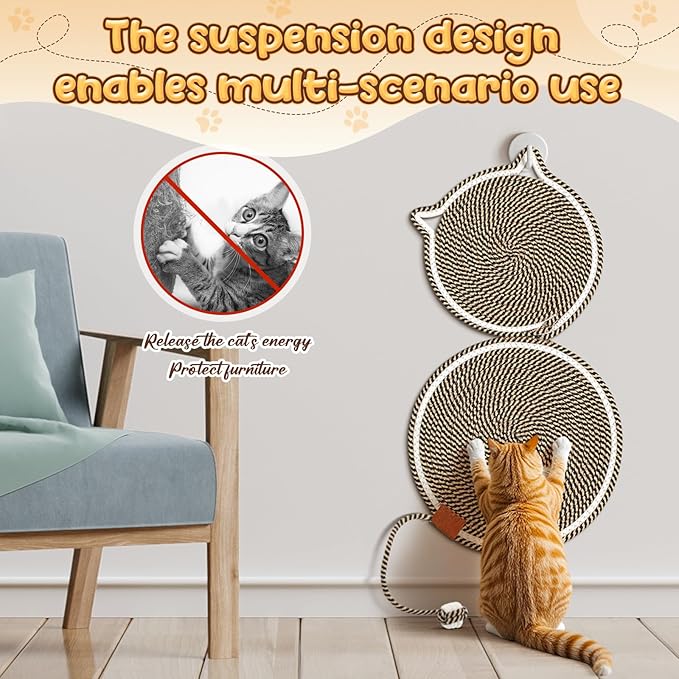 25.6 Inch Large Scratching Mat for Indoor Cats Natural Cotton Rope Flat Scratcher with Ear Hooks and Ball Toy Cat Scratch Rug Pad for Wall, Couch, Carpets, Sofas (Dark Brown)