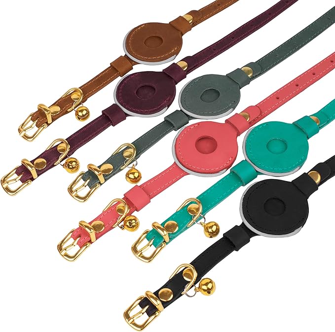 OOPSDOGGY Reflective Leather AirTag Cat Collar with Bell - Non Breakaway Adjustable Pet Collar with Apple Air Tag Holder - Lightweight GPS Kitten Collars for Small Dogs Puppy Girl Boy (Green)