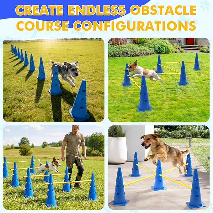 Wdmiya 18.9" Dog Agility Training Hurdle Cone Set, Dog Agility Course Backyard Set with Height Adjustable Crossbar, Dog Agility Equipment for Obedience, Rehabilitation, Starter - 12 Cones & 6 Poles