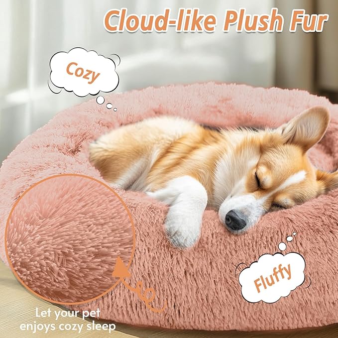JOLLYVOGUE Calming Small Dog & Cat Bed for Indoor Cats - 20 inches Washable Donut Bed for Kittens & Puppies, Anti-Anxiety Round Fluffy Plush Pet Beds (Fits up to 15 lbs, Peach Pink)