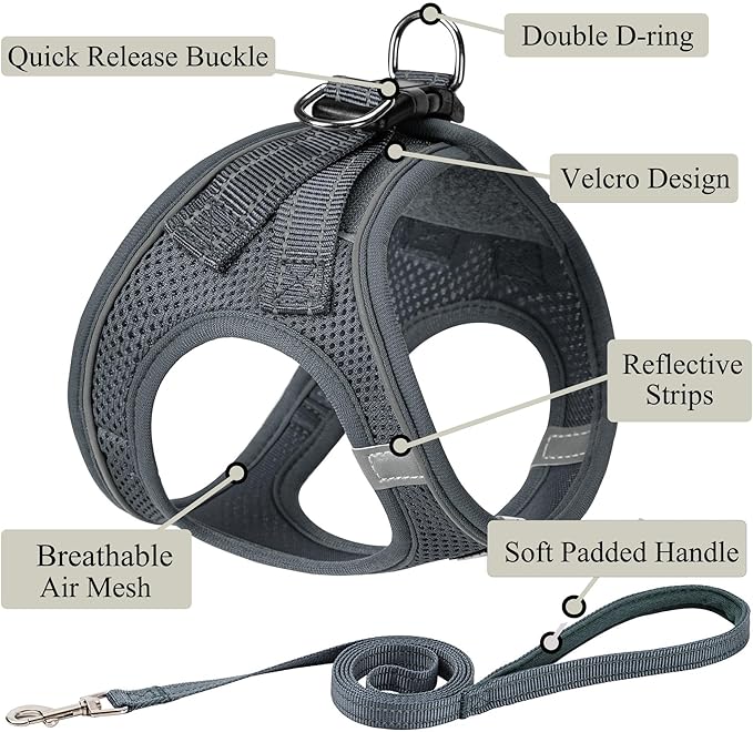 Dog Harness with Leash Set, No Pull Adjustable Reflective Step-in Puppy Pet Vest Harnesses for Small Medium Large Dogs and Cats,Grey M