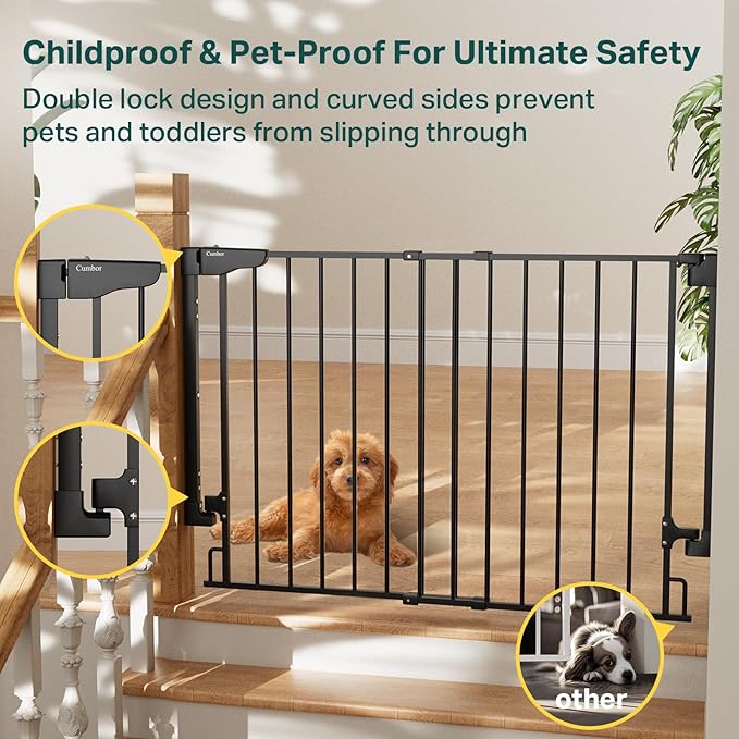 Cumbor 29.2–43" Baby Gate for Stairs, Wall-Mounted (Drill Required), Expandable No Bottom Bar Dog Gate, Auto Close Extra Wide Walk Thru, Pet & Toddler Proof Gate, Top & Bottom of Stairways(Black)