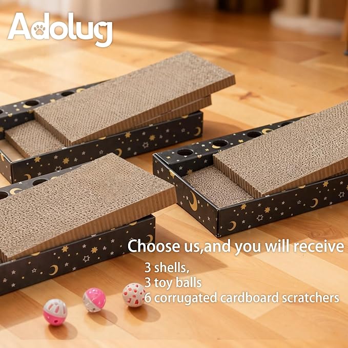 6-Pack Cat Scratcher Cardboard with 3 Box Loungers, Reversible Cat Scratching Pad Refills with Bell Toys, High Density Corrugated Scratch Board for Indoor Cats (Starry Night Design)