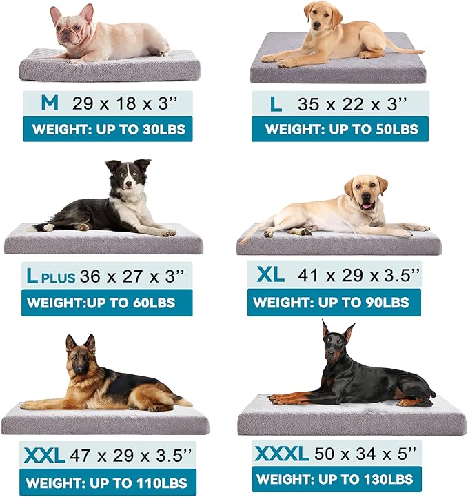 Memory Foam Large Dog Bed, Cooling Dog Beds for Large Dogs, Washable Pet Mat for Crate with Joint Relief (Light Grey)