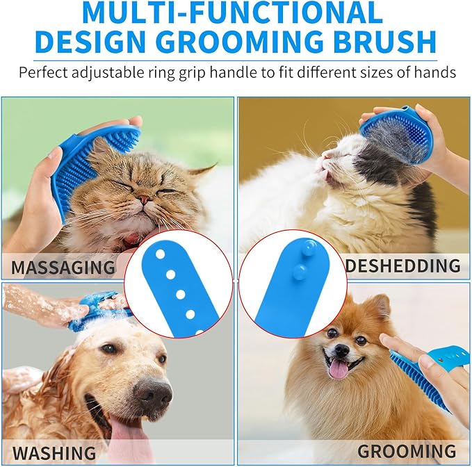 Comotech 3-in-1 Dog Grooming Brush | Adjustable Handle Shampoo Brush & Scrubber for Short & Long Haired Dogs & Cats (Blue Blue White)