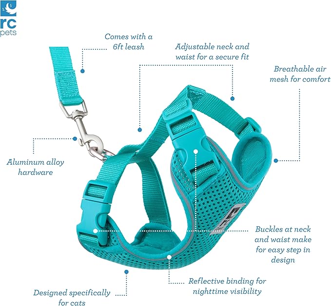 RC Pets Adventure Kitty Harness Includes Adjustable, Airmesh Fabric, 6' Leash and D-Ring Cat Walking Harness | Teal, Medium
