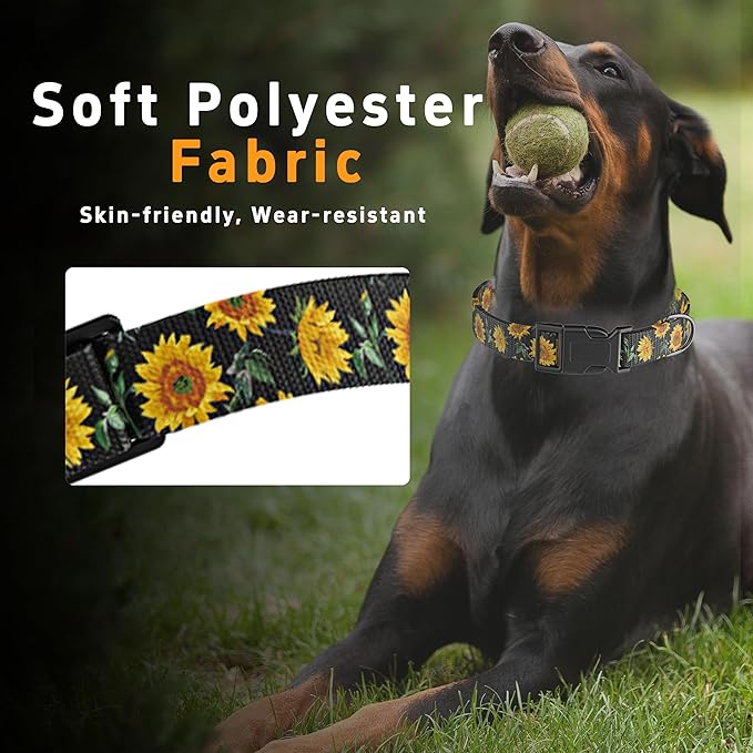 Dog Collar for Boys Girls, Sunflower Puppy Collar for Small Medium Large Dogs, Adjustable Soft Floral Pet Collar with Safety Buckle for Male Females(Black Sunflower,S)