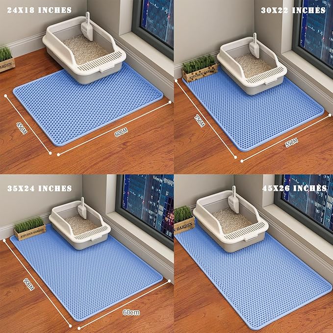 HCY&WLD Cat Litter Mat, Honeycomb Double Layer Cat Litter Trapping Mat, Waterproof Urine Proof Non-Slip, Scatter Control, Less Waste, Easier to Clean (Blue, 45" X 26")