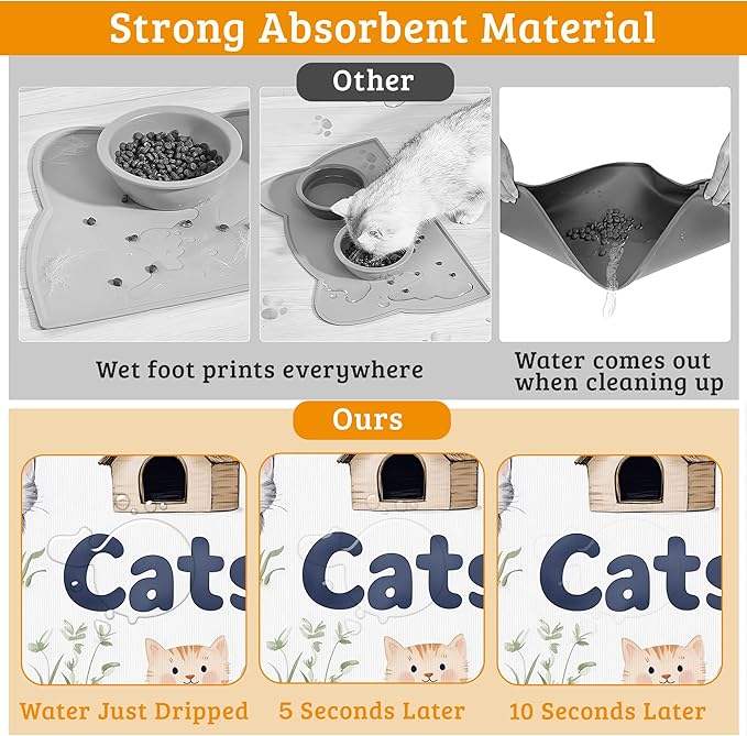 Cats Dog Food Mat,Cute Fun Absorbent Pet Feeding Mat for Food and Water Bowl,Quick Dry Dog Placemat Non Slip Rubber Backing Waterproof Pet Supplies 16" x 24"