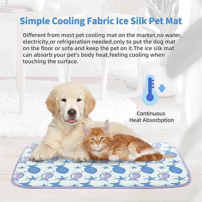 NWK Pack of 4 Pet Cooling Mat - Ice Silk Cooling Mat for Dogs & Cats Portable & Washable Pet Cooling Blanket, Car Seats, Beds for Summer (4pcs, Purple Fish, 27’’ X 20’’ X 0.3)
