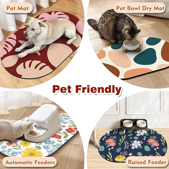 Pet Feeding Mat – 20''x12'' Absorbent Dog Food Mat, Pet Water Mats Protect Floor, No Stains Quick Dry Water Bowl Mats, Non-Slip Rubber Base Pets Placemats for Food and Water, Red Leaves