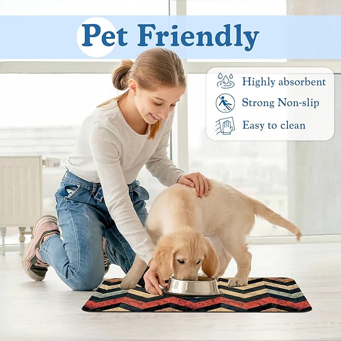 Vintage Plaid Pet Food Mat for Cats and Dogs–Christmas Stocking Absorbent Quick Dry Feeding Placemat, Non Slip Rubber Base, Waterproof Bowl Mat for Indoor Use, Pet Supplies 12"x20"