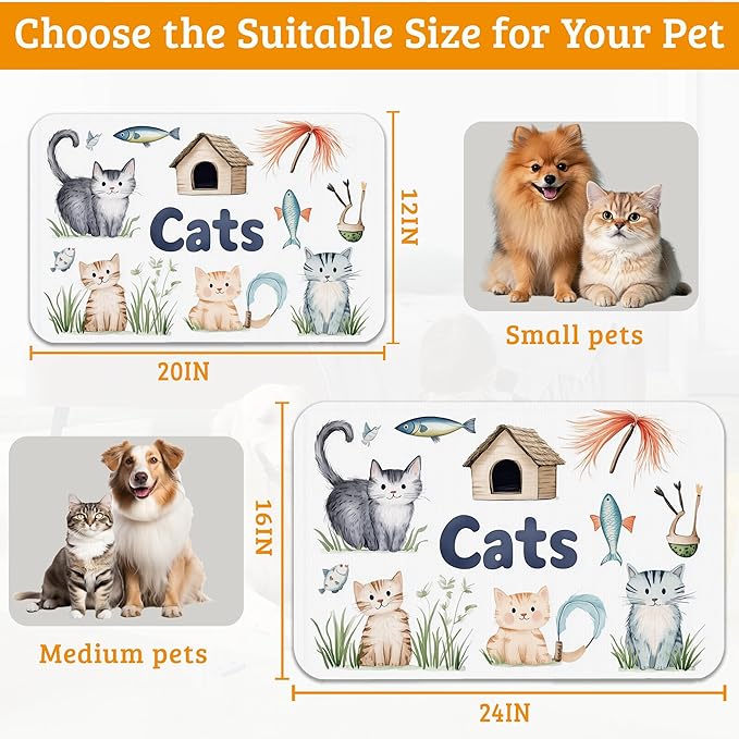 Cats Dog Food Mat,Cute Fun Absorbent Pet Feeding Mat for Food and Water Bowl,Quick Dry Dog Placemat Non Slip Rubber Backing Waterproof Pet Supplies 16" x 24"