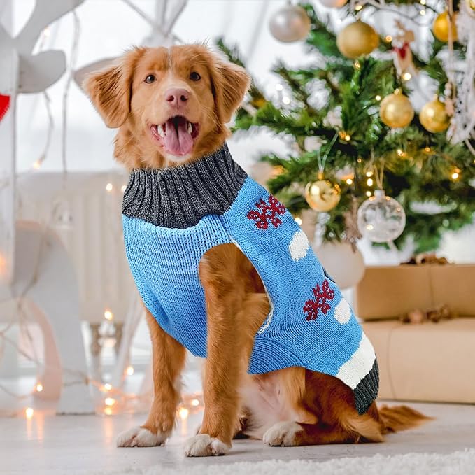 Pet Christmas Dog Sweaters Cute Animal Snowman Printed Puppy Xmas Costumes Winter Warm Turtleneck Jumpers Puppy Knitted Clothes Cat Outfits (XL, Blue Snowman)