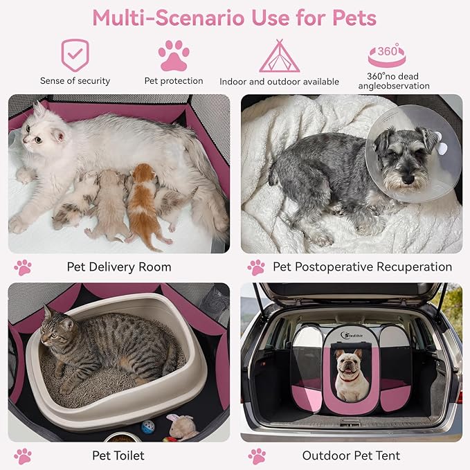 Pink Puppy Playpen for Middle Dog Cat, Dog Tent Crates Cage Indoor/Outdoor, Portable Pop Up Dog Kennel with Carrying Bag for Rabbits, (Pink, Medium)