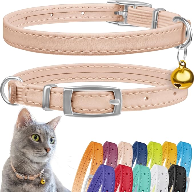 CollarDirect Leather Cat Collar with Removable Bell (Beige, 8-11 Inch)