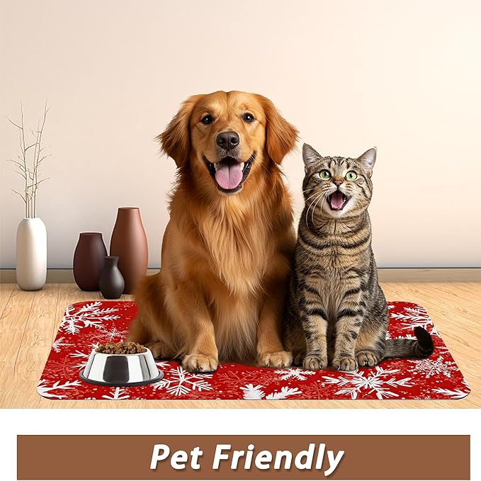 Christmas Dog Food Mat for Floors,Snowflake Absorbent Pet Food and Water Bowl Mats,Non-Slip Pet Feeding Mat,Pet Supplies 12" x 20"