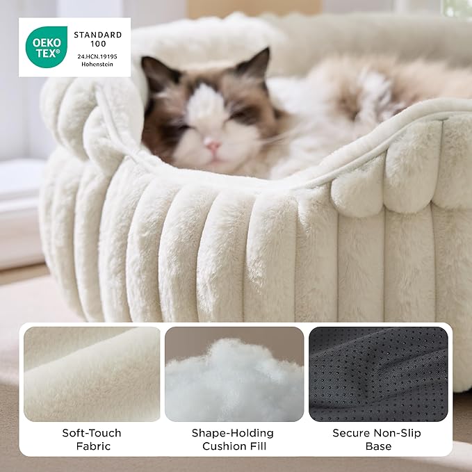 Bedsure ComfyFleece™ Small Cat Bed, Washable Round Cute Pet Beds for Indoor Cats, Super Soft Corduroy Kitten Bed with Anti-Slip Bottom, 20''x20''x8'', Cream