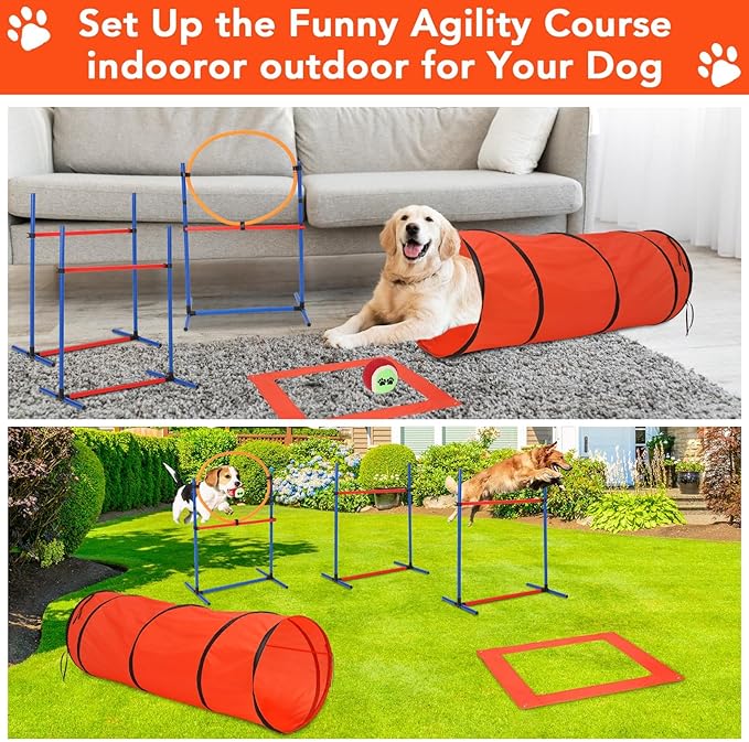 Garvee Dog Agile Training Equipment Set Outdoor Indoor,70" Tunnel + Tire Jump + Hurdle Jump, Weave Poles, Pause Box, 2 Toy Balls, 1 Whistle, Carry Bag, Premium Dog Obstacle Course Kit